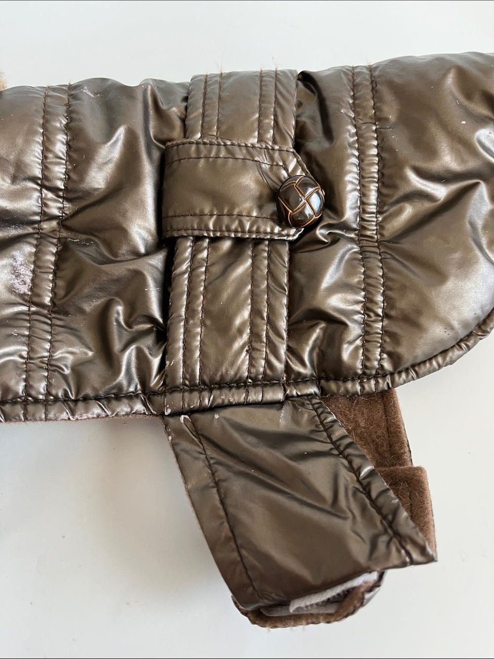 Metallic Brown Dog Puffer Coat with Faux Fur Leopard Collar - Picture 3 of 6